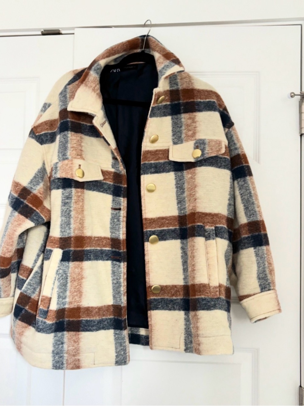 ZARA- Plaid Button-Front Shacket Jacket in Cream, Brown & Navy